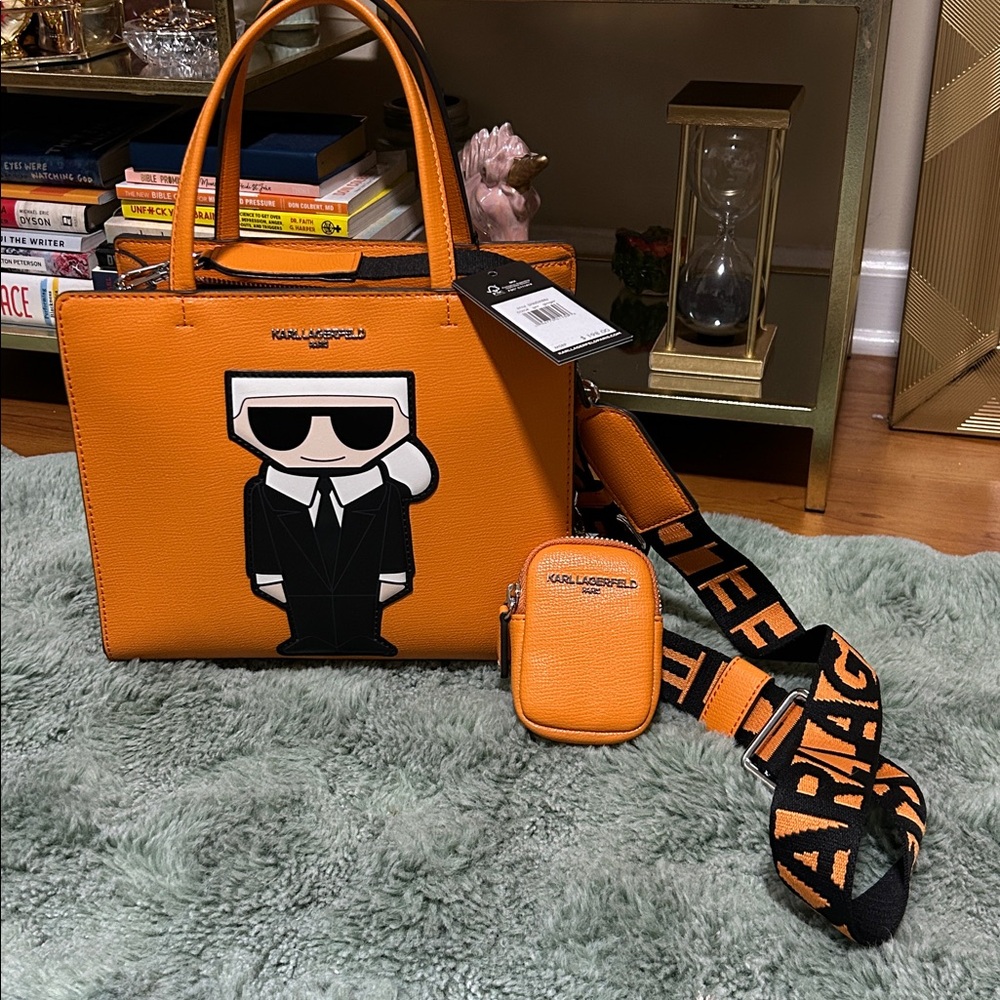 Karl Lagerfeld Orange Tote with Cartoon Design